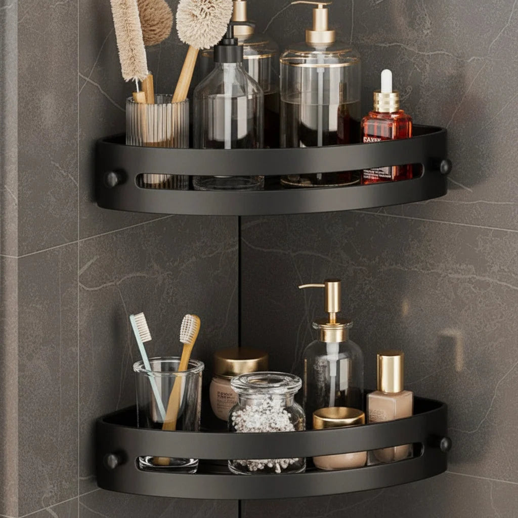 Two-Tier Corner Shower Shelf with Hooks – Wall-Mounted Bathroom Storage Rack for Organized Toiletries and Accessories 0