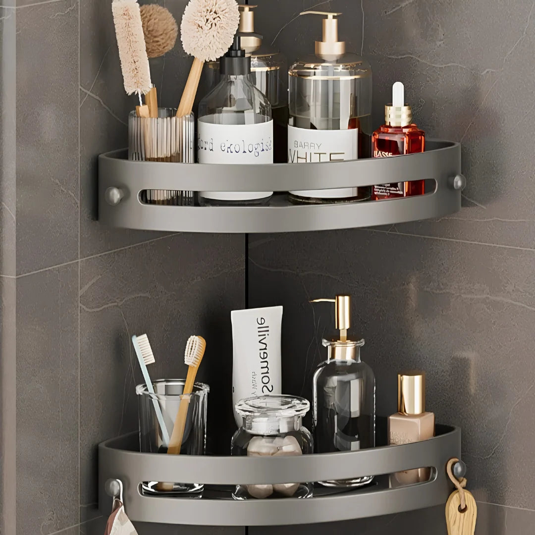 Two-Tier Corner Shower Shelf with Hooks – Wall-Mounted Bathroom Storage Rack for Organized Toiletries and Accessories 1