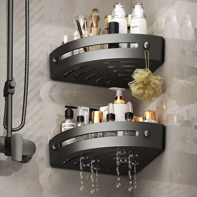 Two-Tier Corner Shower Shelf with Hooks – Wall-Mounted Bathroom Storage Rack for Organized Toiletries and Accessories 2