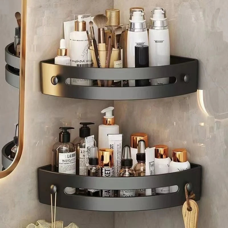 Two-Tier Corner Shower Shelf with Hooks – Wall-Mounted Bathroom Storage Rack for Organized Toiletries and Accessories 4