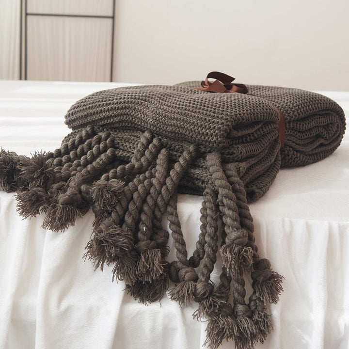 Waffle Knit Throw Blanket with Knotted Tassels – Soft and Warm Acrylic Blanket 0