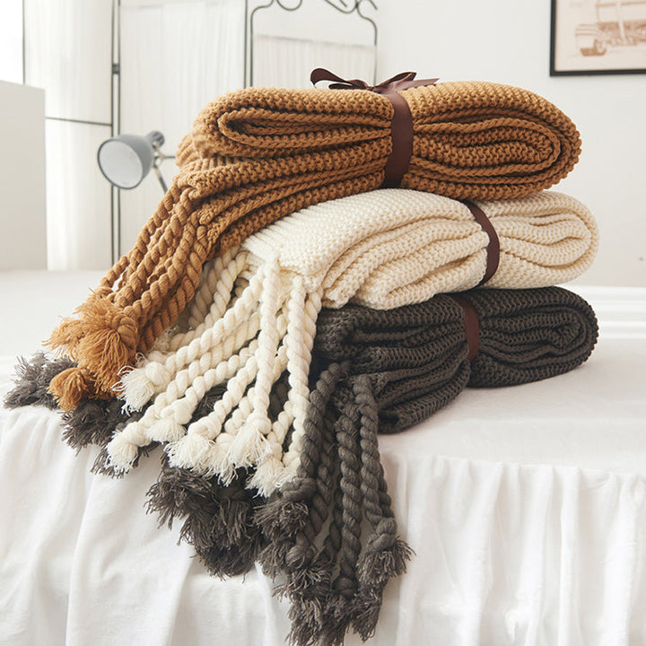 Waffle Knit Throw Blanket with Knotted Tassels – Soft and Warm Acrylic Blanket 2