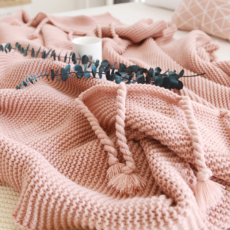 Waffle Knit Throw Blanket with Knotted Tassels – Soft and Warm Acrylic Blanket 7