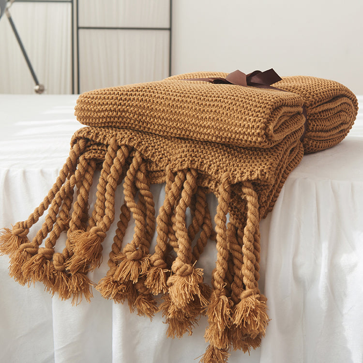 Waffle Knit Throw Blanket with Knotted Tassels – Soft and Warm Acrylic Blanket 9