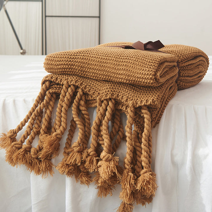 Waffle Knit Throw Blanket with Knotted Tassels – Soft and Warm Acrylic Blanket 9