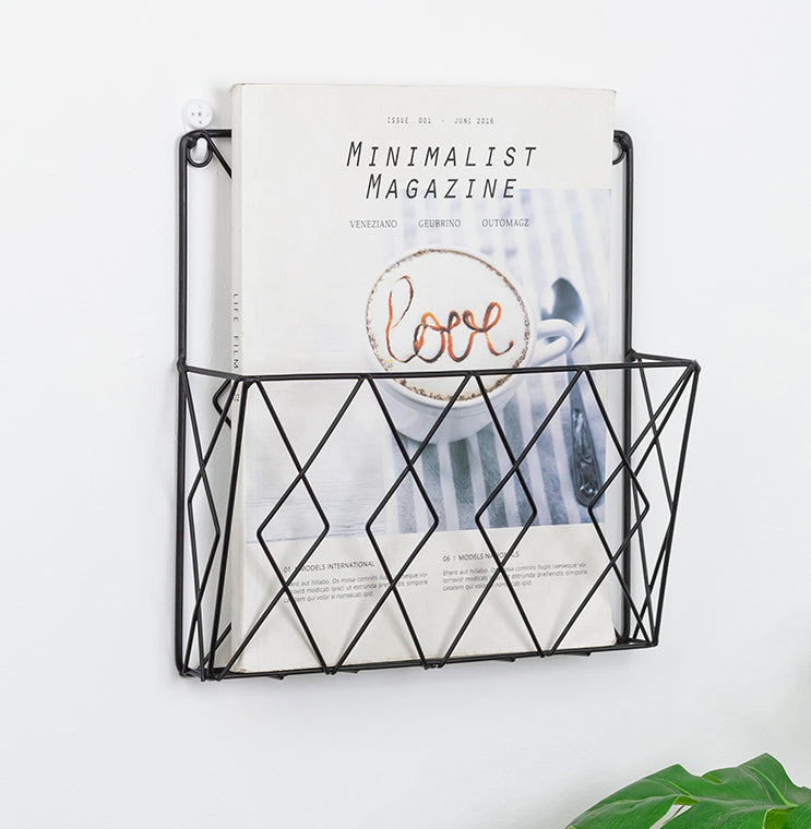 Wall-Mounted Magazine Rack with Geometric Diamond Design – Durable Metal Wire Holder for Compact Storage and Stylish Organization 0