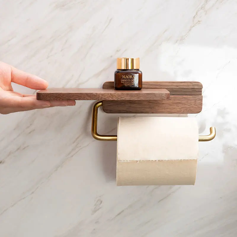 Walnut Wood Toilet Paper Holder with Integrated Shelf – Modern Bathroom Accessory, Wall-Mounted Design 0