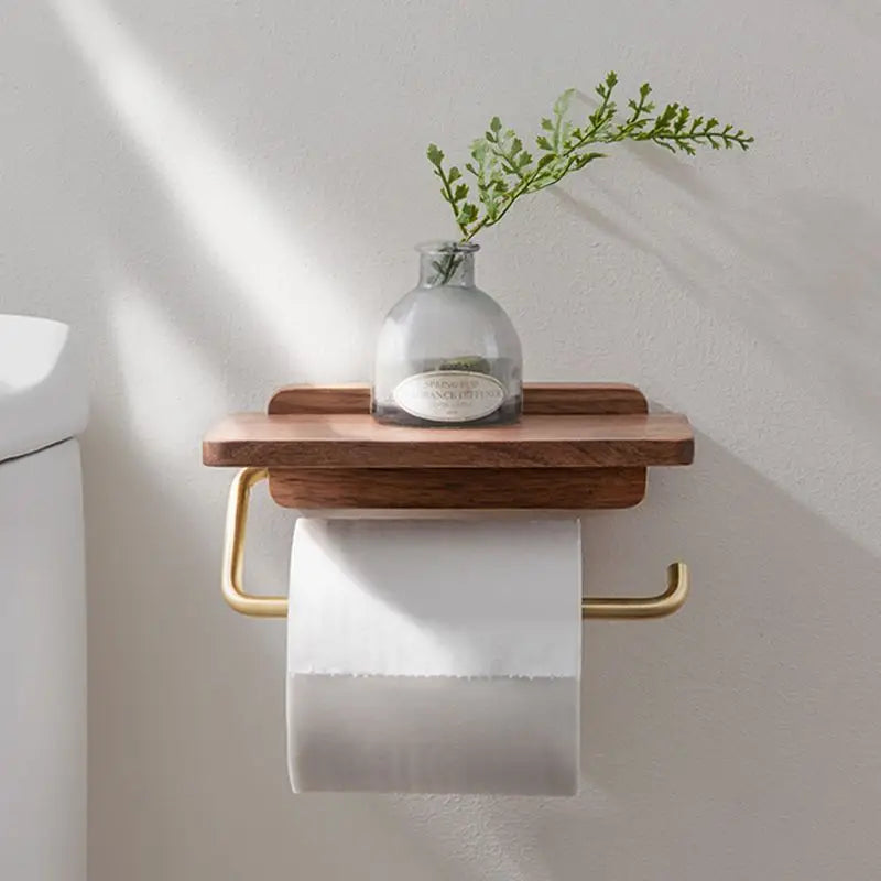 Walnut Wood Toilet Paper Holder with Integrated Shelf – Modern Bathroom Accessory, Wall-Mounted Design 1