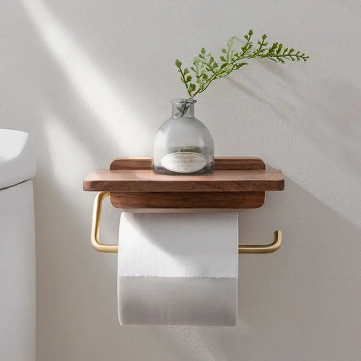 Walnut Wood Toilet Paper Holder with Integrated Shelf – Modern Bathroom Accessory, Wall-Mounted Design 1
