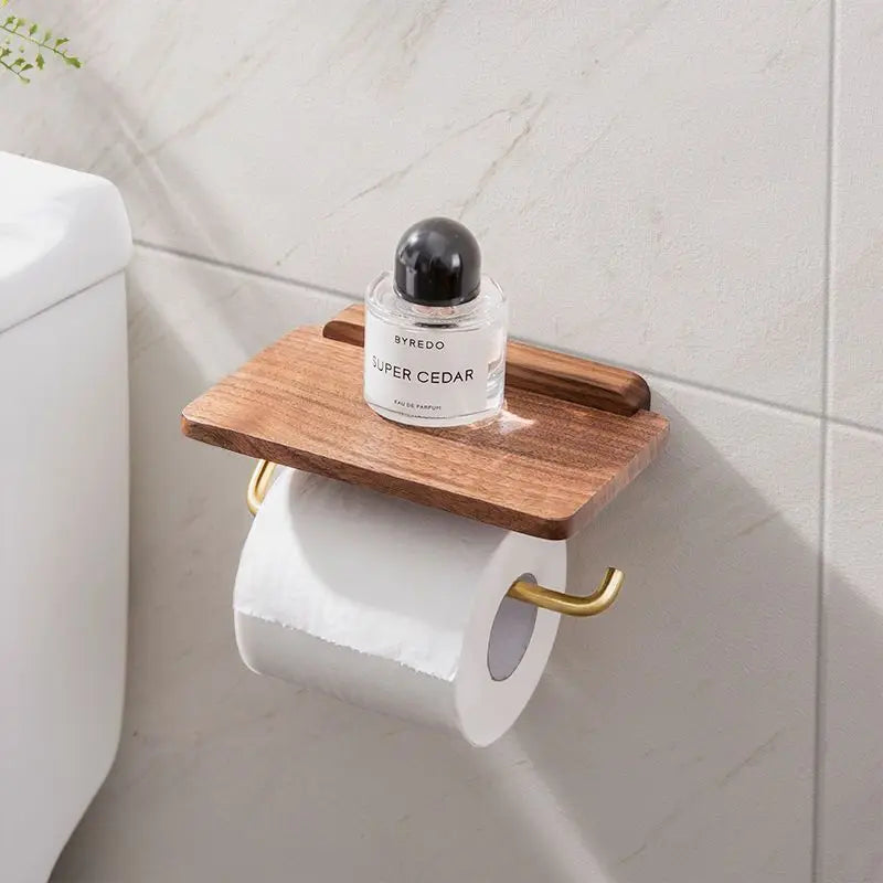 Walnut Wood Toilet Paper Holder with Integrated Shelf – Modern Bathroom Accessory, Wall-Mounted Design 2