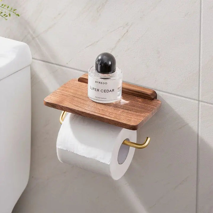 Walnut Wood Toilet Paper Holder with Integrated Shelf – Modern Bathroom Accessory, Wall-Mounted Design 2