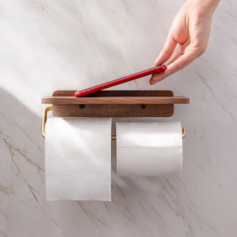 Walnut Wood Toilet Paper Holder with Integrated Shelf – Modern Bathroom Accessory, Wall-Mounted Design 4