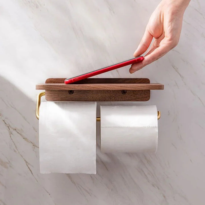 Walnut Wood Toilet Paper Holder with Integrated Shelf – Modern Bathroom Accessory, Wall-Mounted Design 4