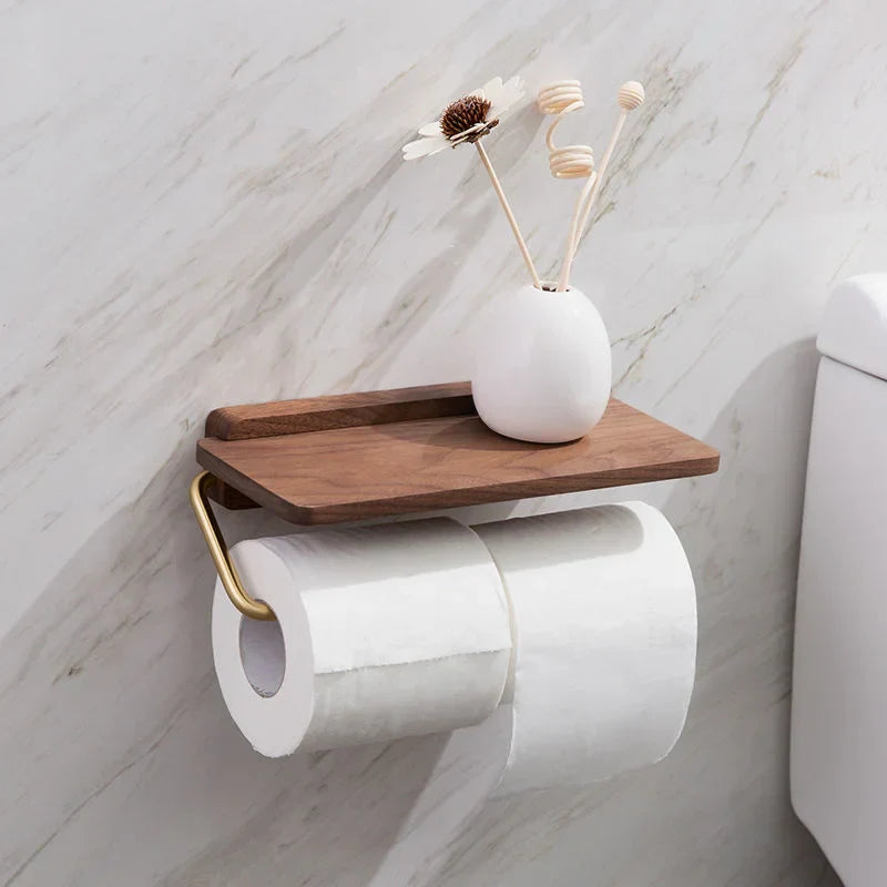 Walnut Wood Toilet Paper Holder with Integrated Shelf – Modern Bathroom Accessory, Wall-Mounted Design 5