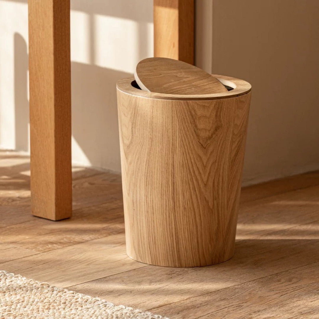 Wooden-Style Trash Bin with Rotating Lid – Modern Dual-Layer Kitchen Trash Can for Elegant Spaces 0