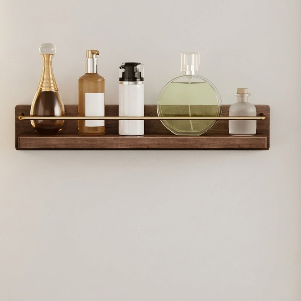 Wooden Bathroom Shelf with Gold Railing and Integrated Towel Bar – Solid Wood Bathroom Storage Organizer 0