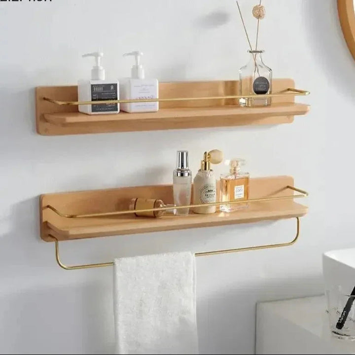 Wooden Bathroom Shelf with Gold Railing and Integrated Towel Bar – Solid Wood Bathroom Storage Organizer 1