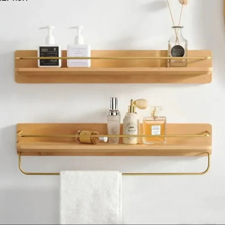 Wooden Bathroom Shelf with Gold Railing and Integrated Towel Bar – Solid Wood Bathroom Storage Organizer 2