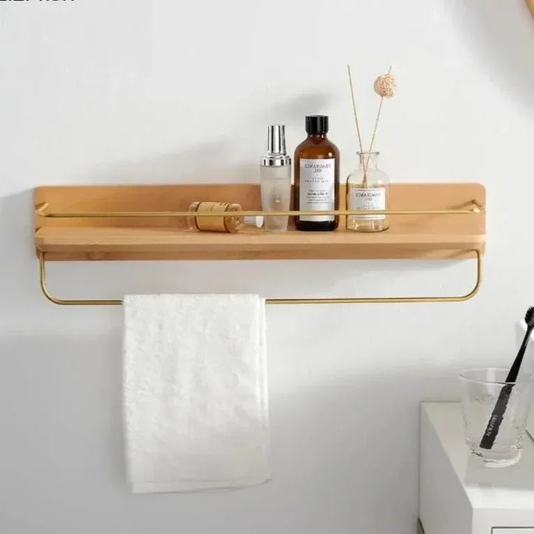 Wooden Bathroom Shelf with Gold Railing and Integrated Towel Bar – Solid Wood Bathroom Storage Organizer 3