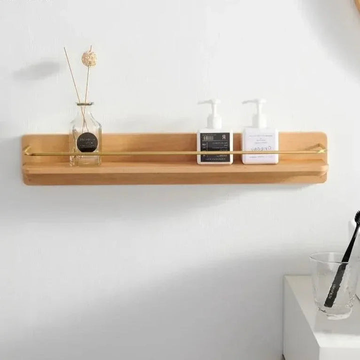Wooden Bathroom Shelf with Gold Railing and Integrated Towel Bar – Solid Wood Bathroom Storage Organizer 4