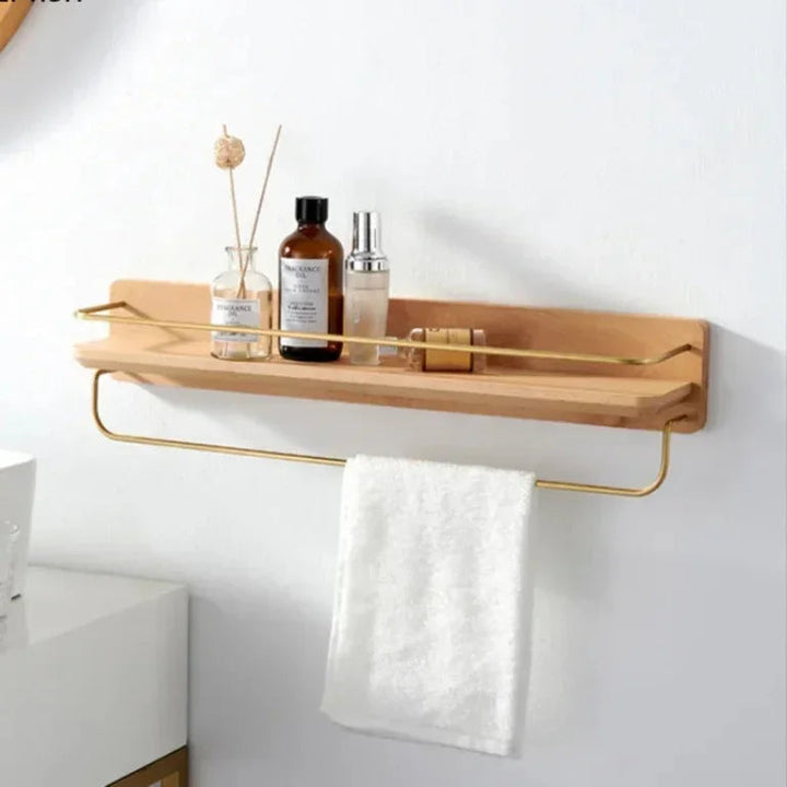 Wooden Bathroom Shelf with Gold Railing and Integrated Towel Bar – Solid Wood Bathroom Storage Organizer 5