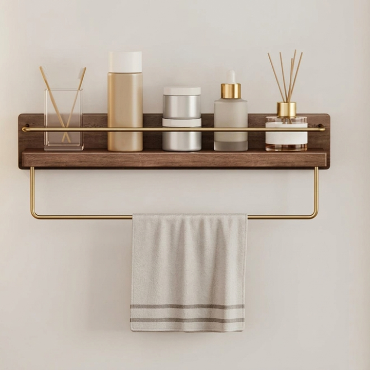 Wooden Bathroom Shelf with Gold Railing and Integrated Towel Bar – Solid Wood Bathroom Storage Organizer 9