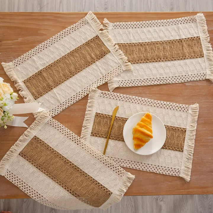 Woven Placemats Set of 4 – Boho Cotton and Jute Table Mats with Fringe for Dining Table Protection 0